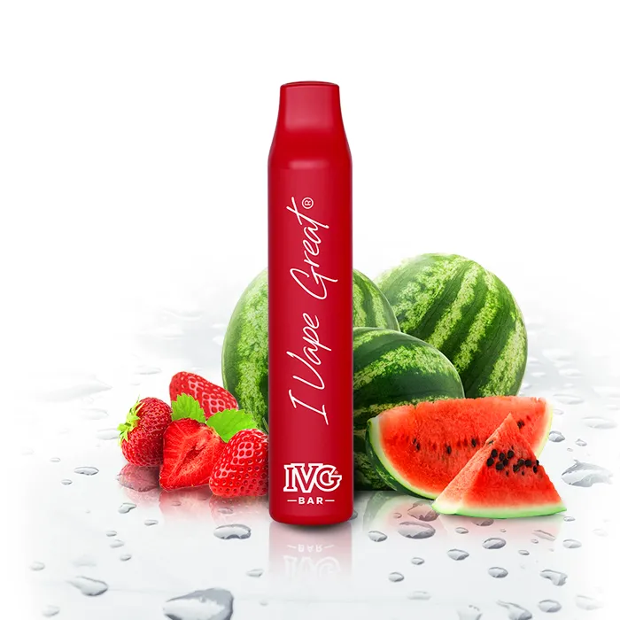 A vibrant image of a Strawberry Watermelon IVG Bar Plus disposable vape device. The device features a sleek, compact design with a glossy red exterior.