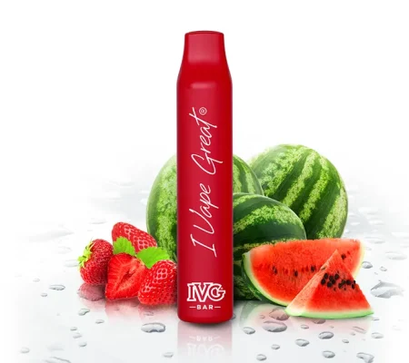 A vibrant image of a Strawberry Watermelon IVG Bar Plus disposable vape device. The device features a sleek, compact design with a glossy red exterior.